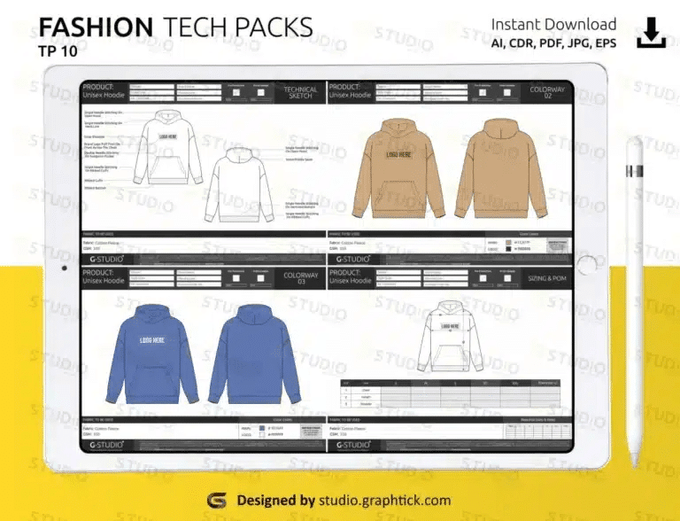unisex pullover hoodie tech pack