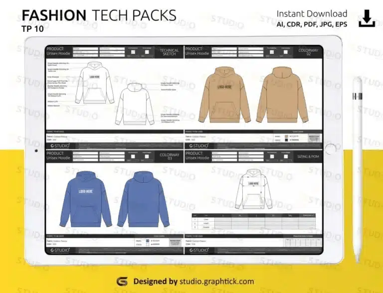 unisex pullover hoodie tech pack
