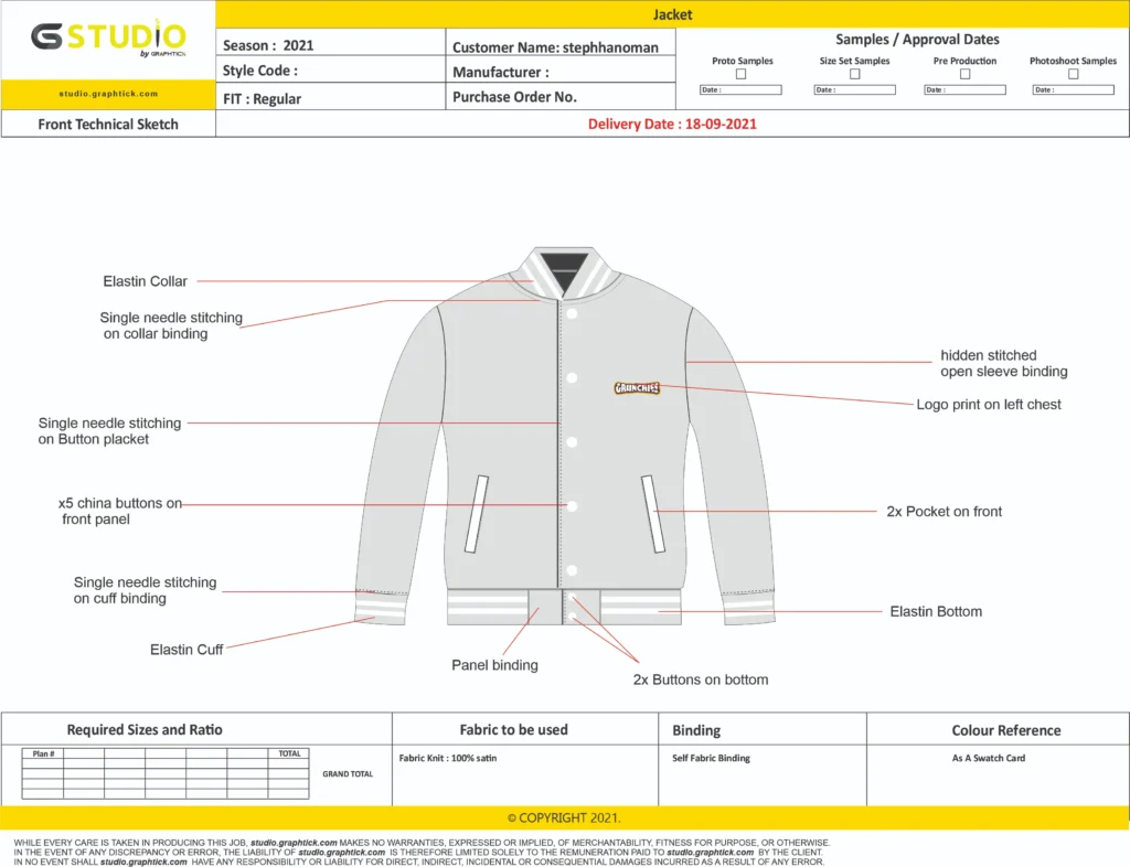 tech pack for jackets
